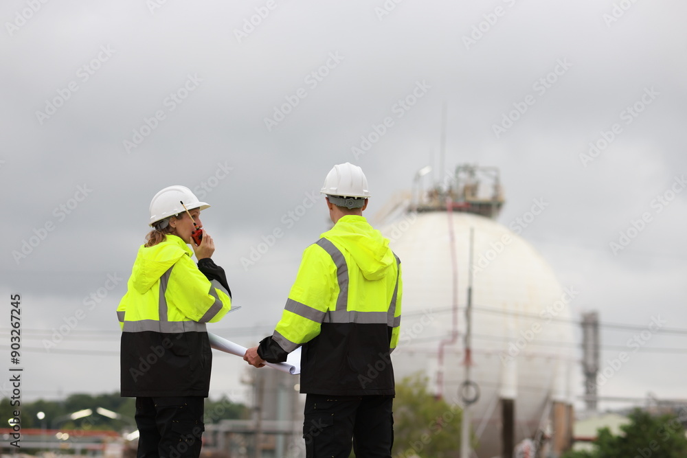 Male & Female engineers stand Discussing the building plan at the site, Engineers working outdoors and use walkie-talkies against the Round gas storage tank in the background Male & Female engineers stand Discussing the building plan at the site, Engineers working outdoors and use walkie-talkies against the Round gas storage tank in the background