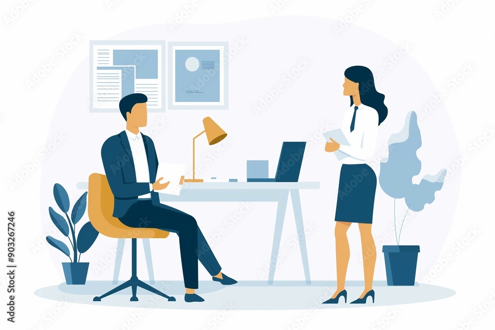 two business people in an office setting, one sitting at a desk and another standing next to it holding papers while having a conversation with a female staff member. a flat design illustration. two business people in an office setting, one sitting at a desk and another standing next to it holding papers while having a conversation with a female staff member. a flat design illustration.