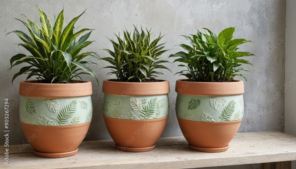 Three potted plants on a wooden shelf. Three potted plants on a wooden shelf.