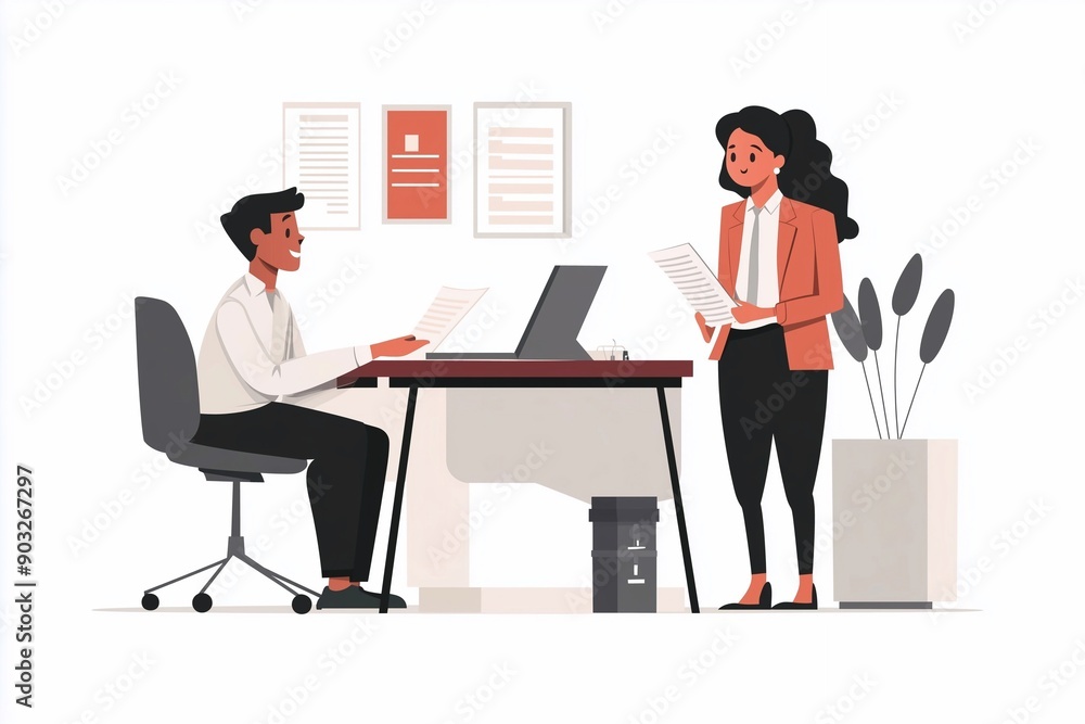 two business people in an office setting, one sitting at a desk and another standing next to it holding papers while having a conversation with a female staff member. a flat design illustration. two business people in an office setting, one sitting at a desk and another standing next to it holding papers while having a conversation with a female staff member. a flat design illustration.