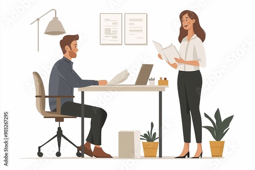 two business people in an office setting, one sitting at a desk and another standing next to it holding papers while having a conversation with a female staff member. a flat design illustration. photo