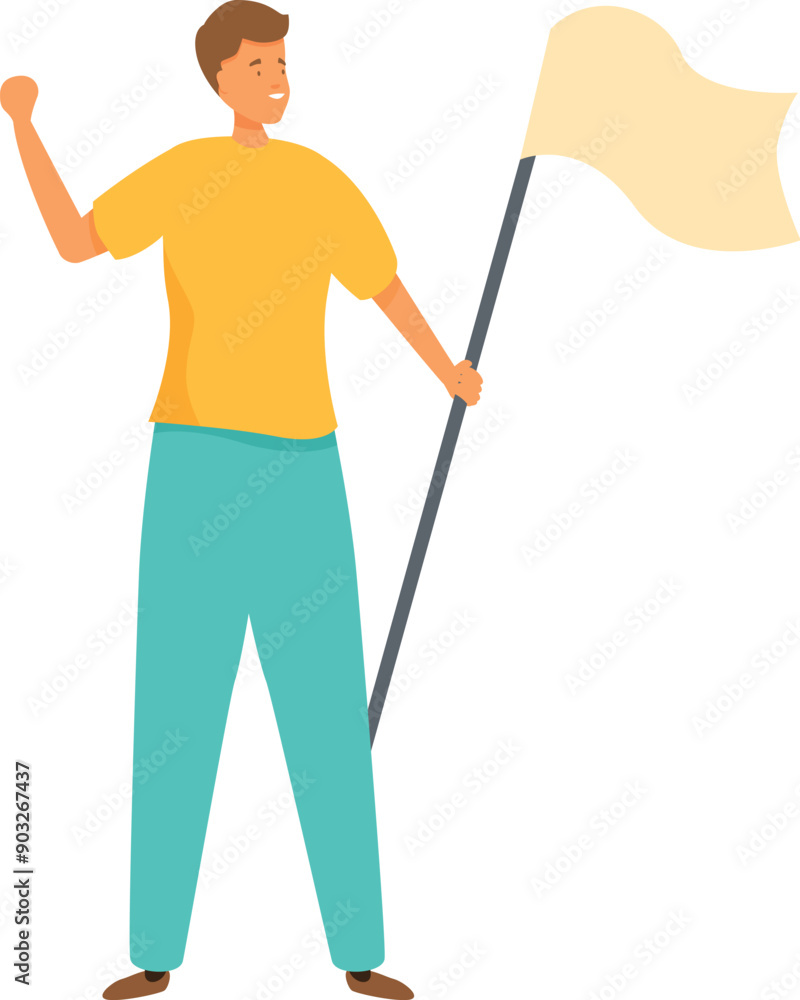 Young man is holding a white flag and raising his hand, celebrating a victory Young man is holding a white flag and raising his hand, celebrating a victory
