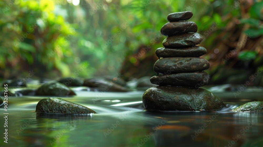 Balanced Rocks in a Tranquil Stream, Lush Green Background Balanced Rocks in a Tranquil Stream, Lush Green Background