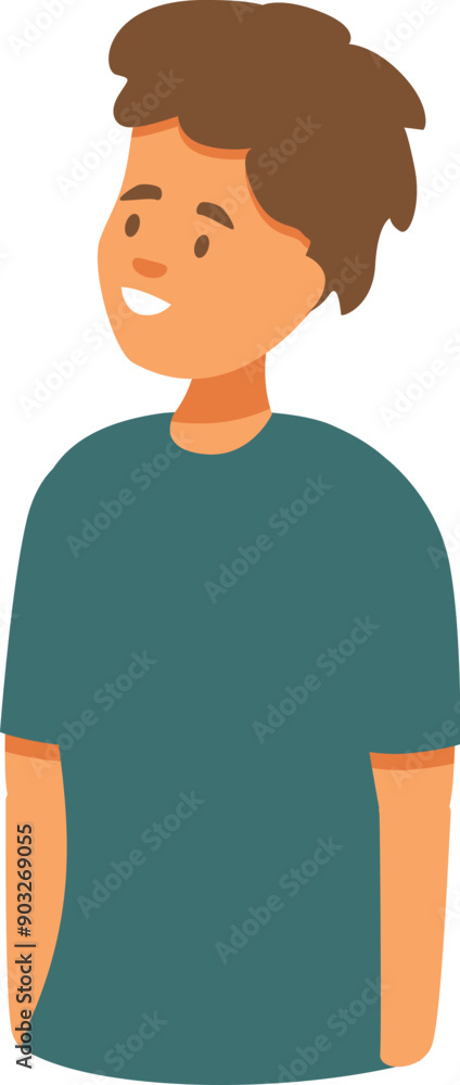 Illustration of a young man with brown hair wearing a green t shirt, smiling and looking up Illustration of a young man with brown hair wearing a green t shirt, smiling and looking up