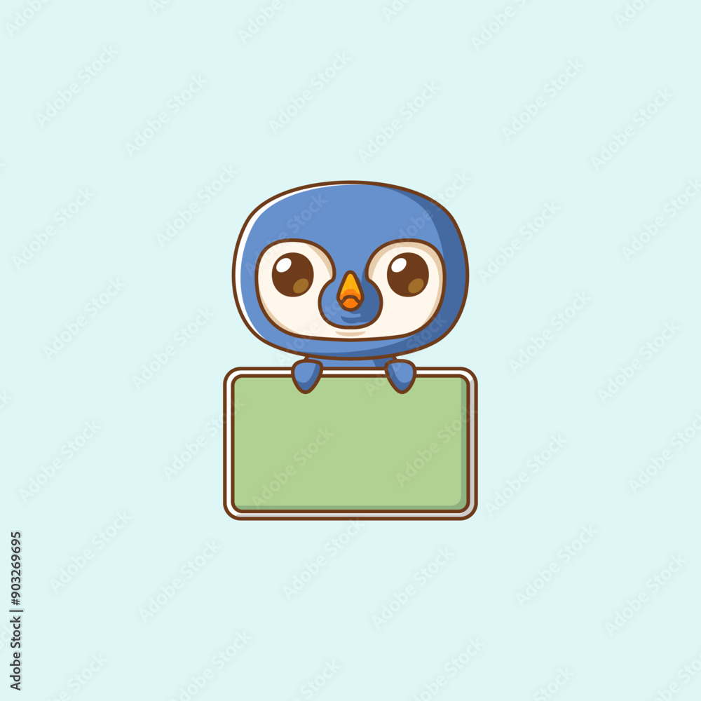 Cute penguin hold blank space board banner kawaii chibi character mascot illustration outline style Cute penguin hold blank space board banner kawaii chibi character mascot illustration outline style