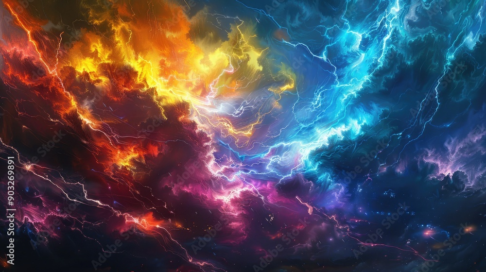 Fototapeta premium An electric storm with colorful lightning bolts illuminating the sky