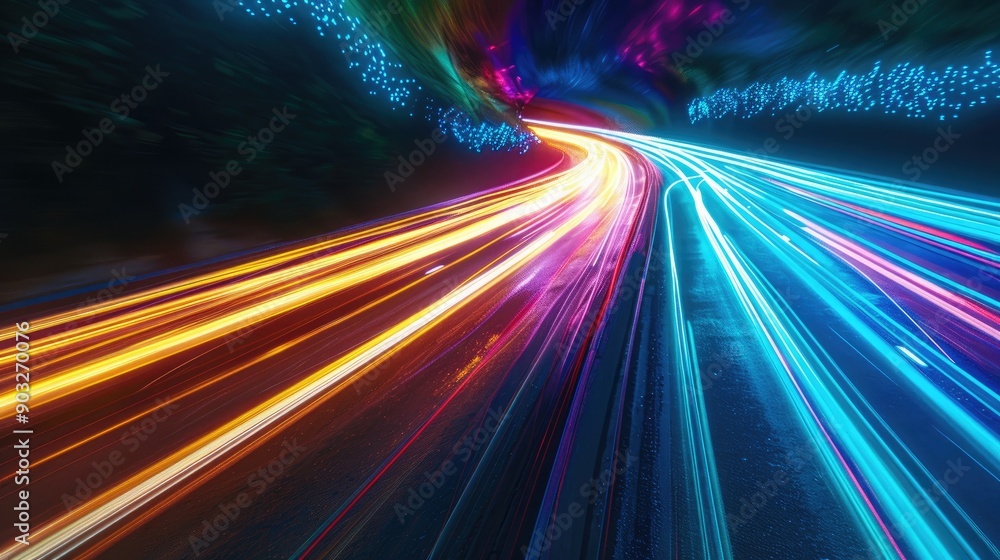 Obraz premium Bright, colorful light trails captured from moving traffic at night
