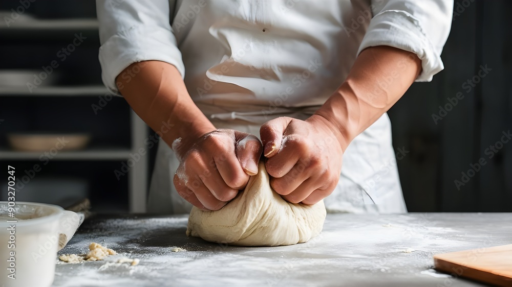 Obraz premium A skilled male baker's hands deftly kneading dough on a wooden surface.