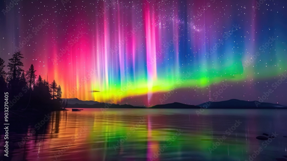 Stunning rainbow auroras lighting up the night sky in a remote wilderness Stunning rainbow auroras lighting up the night sky in a remote wilderness