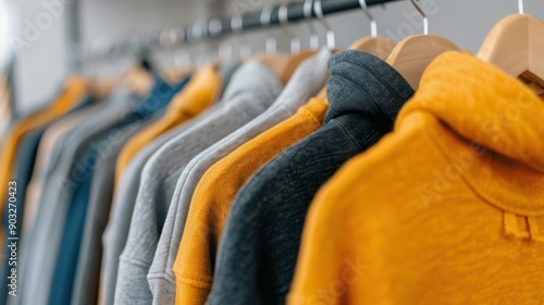 A collection of assorted hooded sweatshirts in various vibrant colors neatly displayed on a clothing rack, highlighting different styles and designs. photo