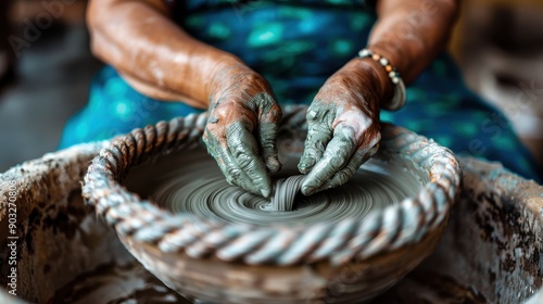 A close-up of a potter's hands shaping clay on a spinning wheel, capturing the intricate craftsmanship and dedication involved in traditional pottery making. photo