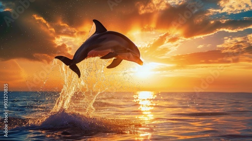 A cute dolphin leaping joyfully out of the water at sunset