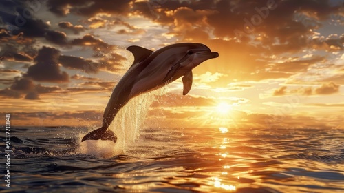 A cute dolphin leaping joyfully out of the water at sunset
