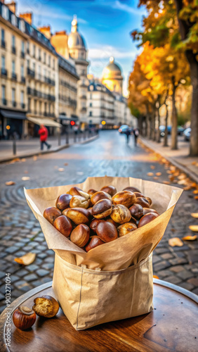 roasted chestnuts in a paper bag on a street background, packaging with nuts, traditional autumn food, snack, delicious, sweet, brown, September, October, fall, walk, outside, handful, shell, yellow photo