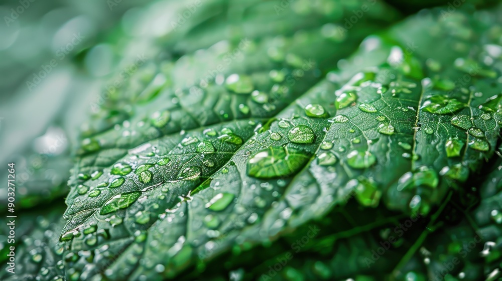 Close-up image of lush green leaves with dew drops settled on them, illustrating the freshness and serenity of nature, and the delicate balance of ecosystem. Close-up image of lush green leaves with dew drops settled on them, illustrating the freshness and serenity of nature, and the delicate balance of ecosystem.