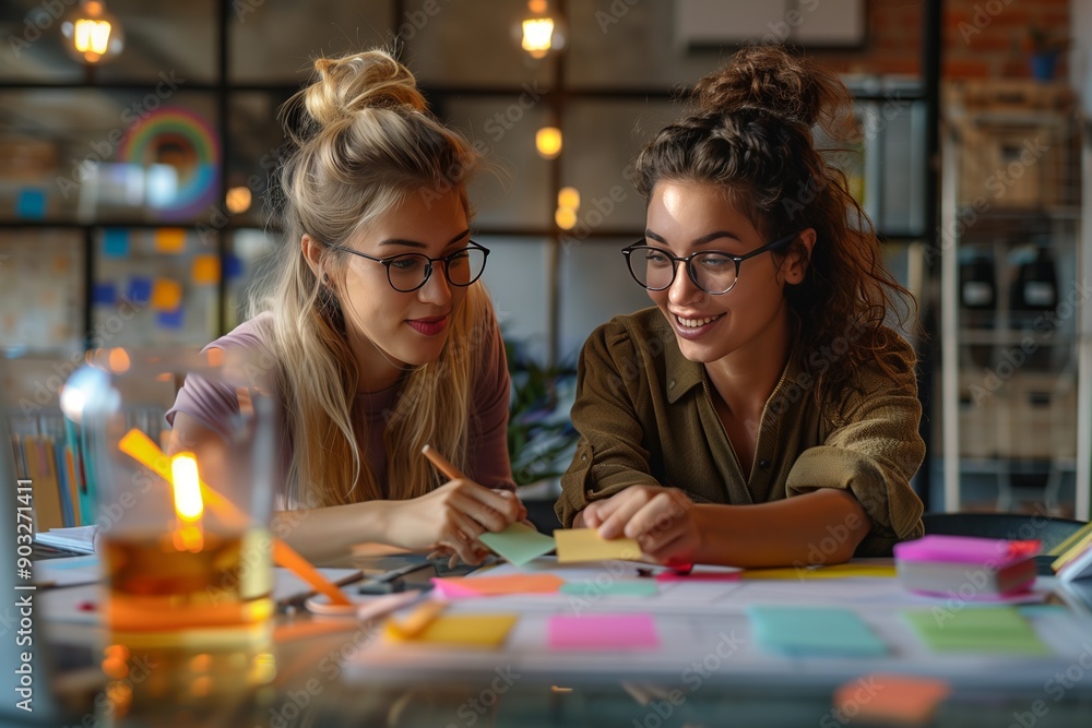 Fototapeta premium Dynamic Idea Generation: Young Businesswomen Collaborate with Adhesive Notes for Project Planning