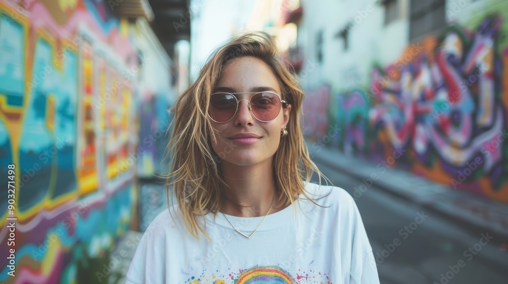 A young woman with sunglasses and a casual white top stands confidently in front of a vibrant graffiti wall in an urban setting, reflecting modernity and self-expression. A young woman with sunglasses and a casual white top stands confidently in front of a vibrant graffiti wall in an urban setting, reflecting modernity and self-expression.