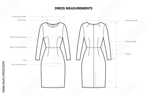 Set of Dresses Measurements styles - Circumference, Length, Width, Size, Chest Waist and Hip technical fashion illustration. Flat dress apparel template front, back view. Women men CAD mockup isolated