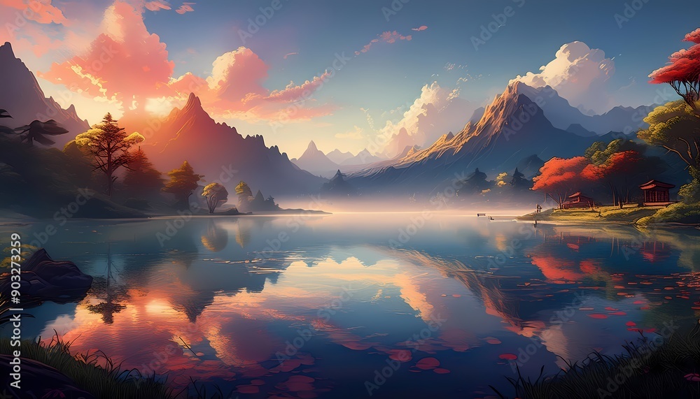 Obraz premium Serene mountain lake with mist and morning light at dawn, peaceful and mystical