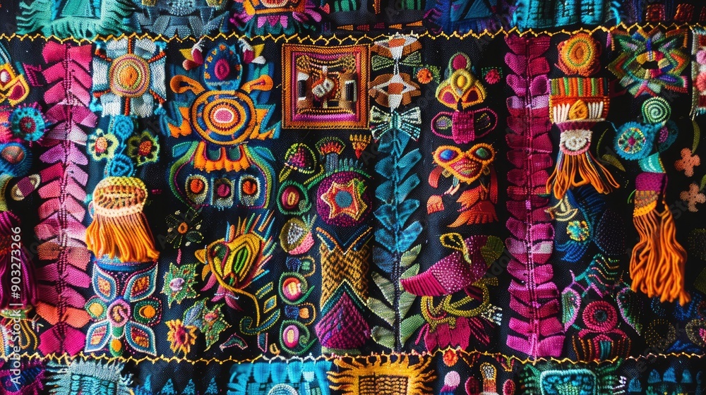Naklejka premium Handmade textile detail made by Guatemalan artisan in Central America colorful detail full of tradition and culture colonial history Mayan cosmovision