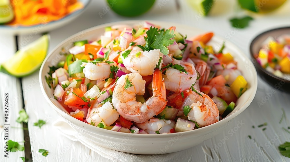 Ecuadorian shrimp ceviche a traditional appetizer On a white wooden table Ecuadorian shrimp ceviche a traditional appetizer On a white wooden table
