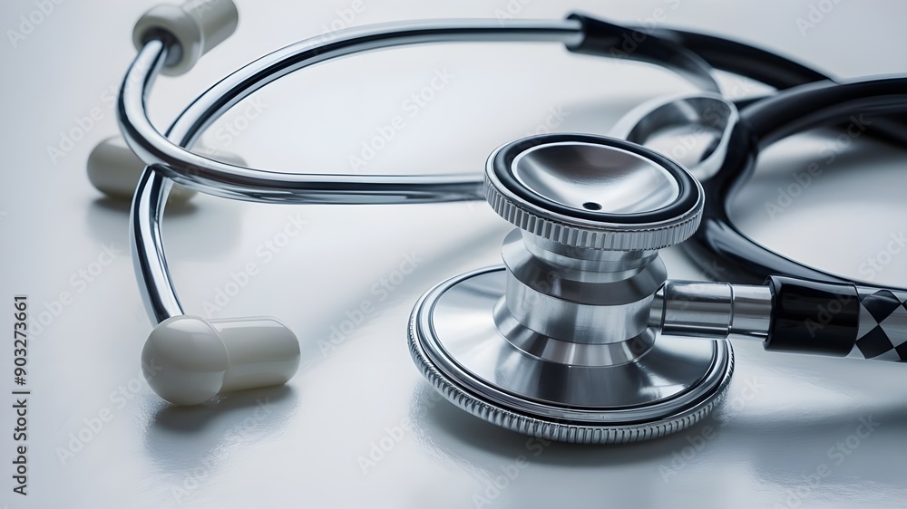 A stethoscope, complete with its two earpieces and the long, flexible tubing connecting them. A stethoscope, complete with its two earpieces and the long, flexible tubing connecting them.