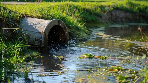 Wallpaper Mural waste water running slow from a concrete pipeline direct onto a natural pond with green grass on the bank and light green small mosquito fern on the water surface Torontodigital.ca