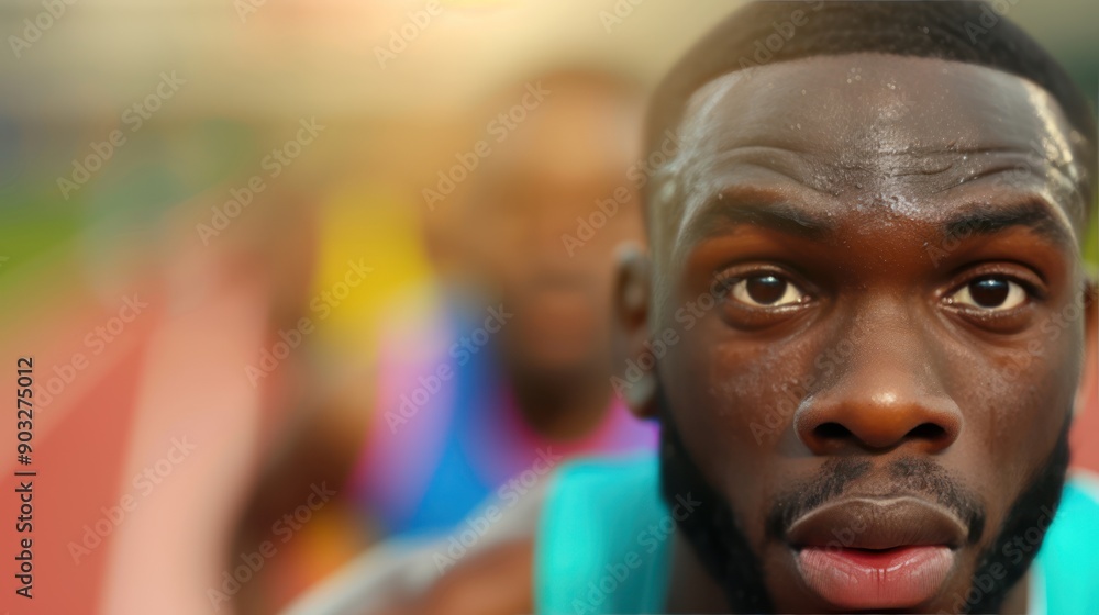 Track and Field Sprinters Exploding from Starting Blocks in Dynamic Display of Athleticism and Competitive Energy Track and Field Sprinters Exploding from Starting Blocks in Dynamic Display of Athleticism and Competitive Energy