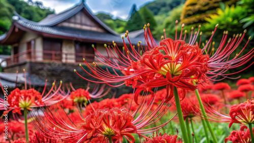 red lycoris flower on the background of a Japanese traditional temple, spider lily, Higan, autumn, holiday, festival, symbol of death, Obon, All Souls' Day, Asia, east, oriental, August, Japan photo