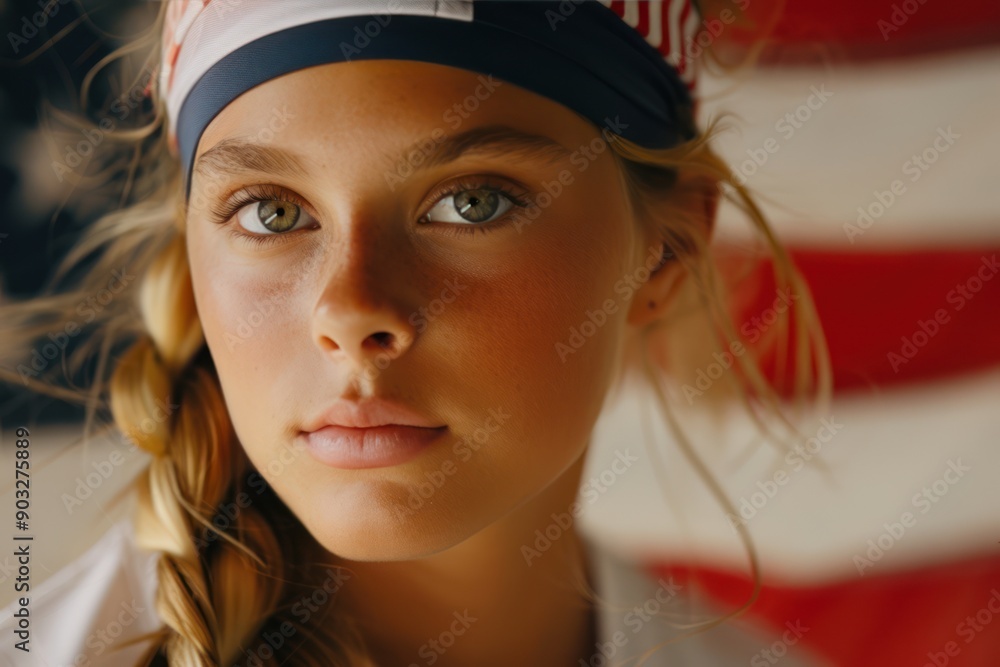 Proud Female Athlete with USA Flag Celebrating Victory at Proud Female Athlete with USA Flag Celebrating Victory at