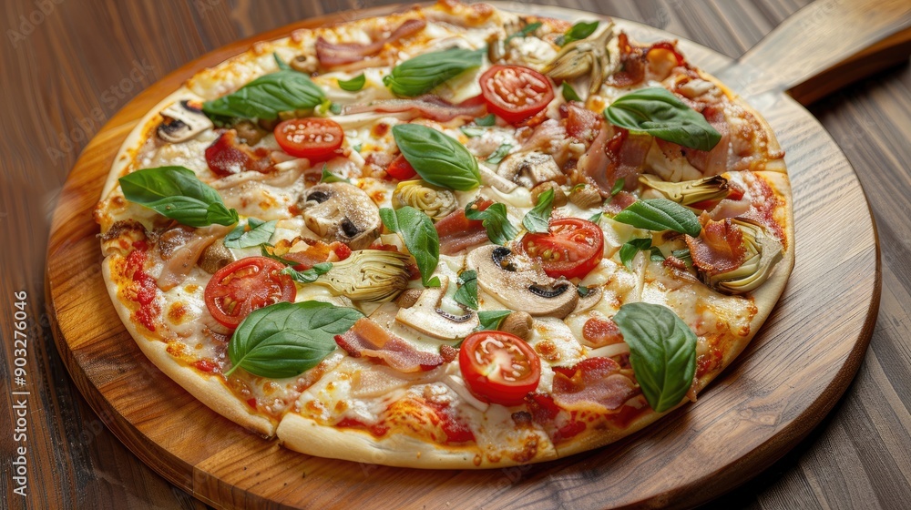 Capricciosa pizza with cheese bacon tomatoes mushrooms and basil italian meal Baked neapolitan pizza with artichokes served on wooden board Capricciosa pizza with cheese bacon tomatoes mushrooms and basil italian meal Baked neapolitan pizza with artichokes served on wooden board