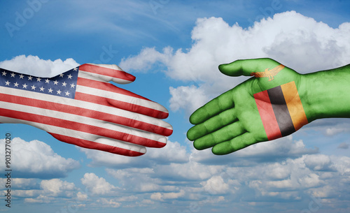 Zambia and USA country handshaking with flags, consensus concept international co-operation illustration photo