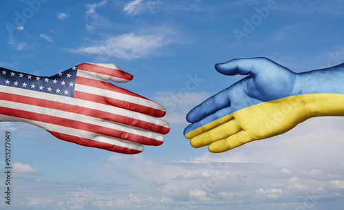 Ukraine and USA country handshaking with flags, consensus concept international co-operation illustration