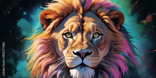 Digital art piece featuring a majestic lion as the central subject. The lion's face is highly detailed, with a realistic depiction of its fur, whiskers, and expressive eyes