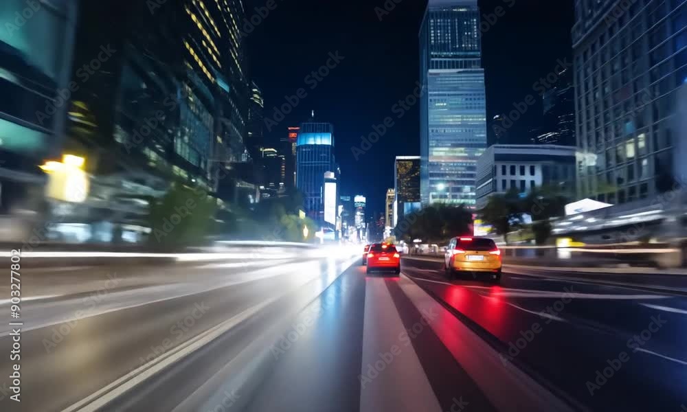 Fast-paced urban symphony of lights, cars, and speed on a bustling downtown highway Fast-paced urban symphony of lights, cars, and speed on a bustling downtown highway
