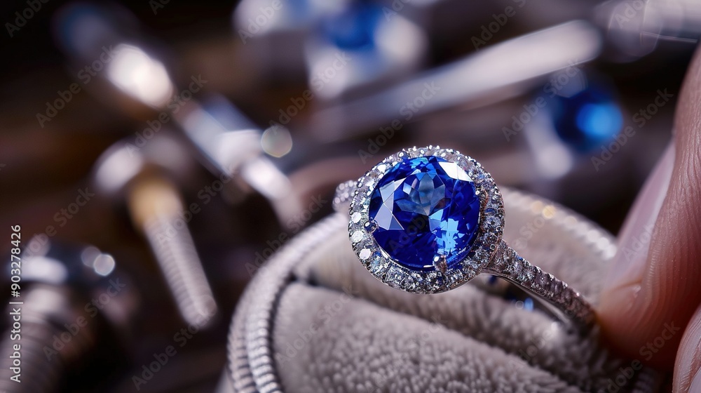 Professional Jeweler Setting Gems in a Sapphire Diamond Ring in a Well-Equipped Workshop Professional Jeweler Setting Gems in a Sapphire Diamond Ring in a Well-Equipped Workshop