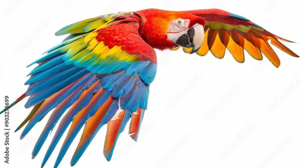 Obraz premium Vibrant macaw captured mid-flight, its colorful feathers vivid against a plain white background, providing space for copy text