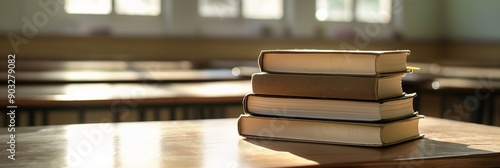 Stack of text books isolated on wooden desk on blurred classroom background with copy space, concept of back to school, study room, reading club, interest bootcamp.