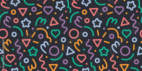 Fun colorful line doodle seamless pattern. Childish scribble shape backdrop. Creative minimalist style art background texture for children or trendy design with colorful lines shapes and dots. 
