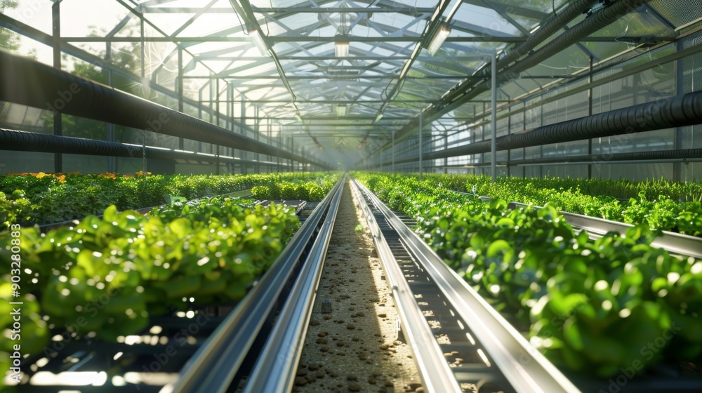 Rows of green plants grow in a greenhouse with sunlight shining through the clear roof. Rows of green plants grow in a greenhouse with sunlight shining through the clear roof.