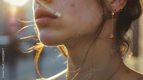 Close-up of jewelry on a girl in the city