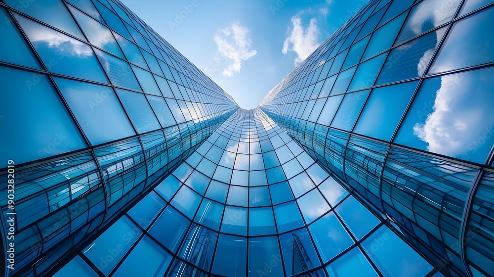 Low angle view of futuristic skyscraper architecture Low angle view of futuristic skyscraper architecture