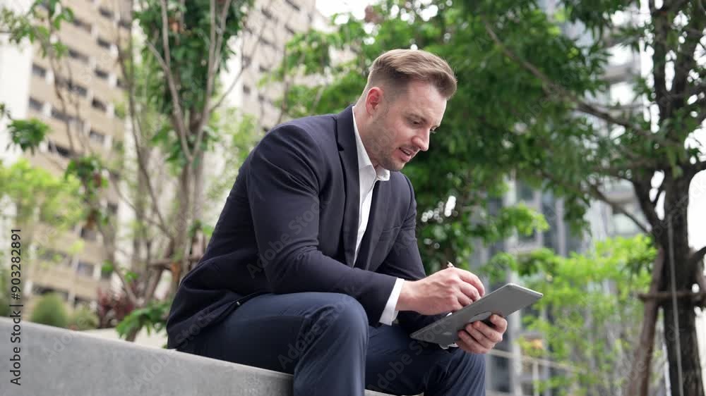 Side view of businessman sitting at park while writing on tablet by using tablet pencil. Low angle camera of smart project manager looking at data analysis while thinking about financial plan. Urbane Side view of businessman sitting at park while writing on tablet by using tablet pencil. Low angle camera of smart project manager looking at data analysis while thinking about financial plan. Urbane