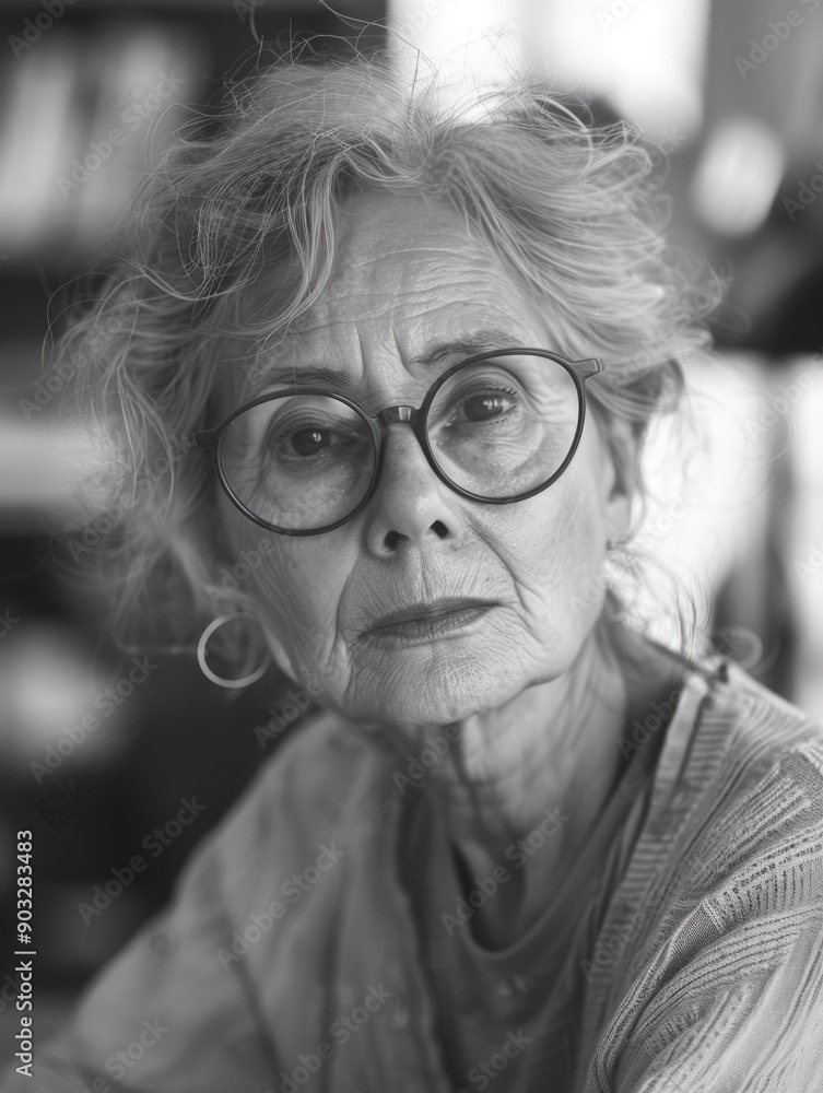 A black and white photo of a woman wearing glasses