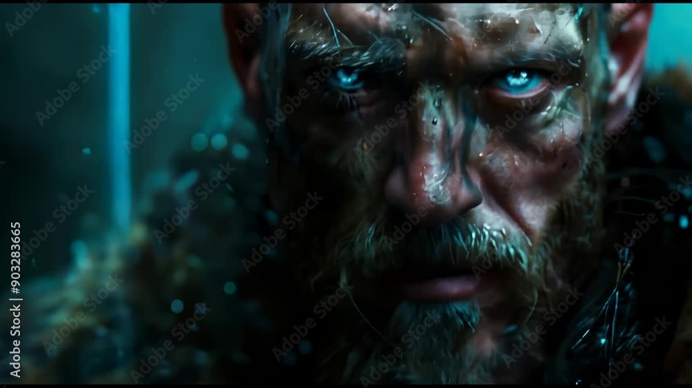 Close-up of a rugged warrior Viking with piercing blue eyes Close-up of a rugged warrior Viking with piercing blue eyes