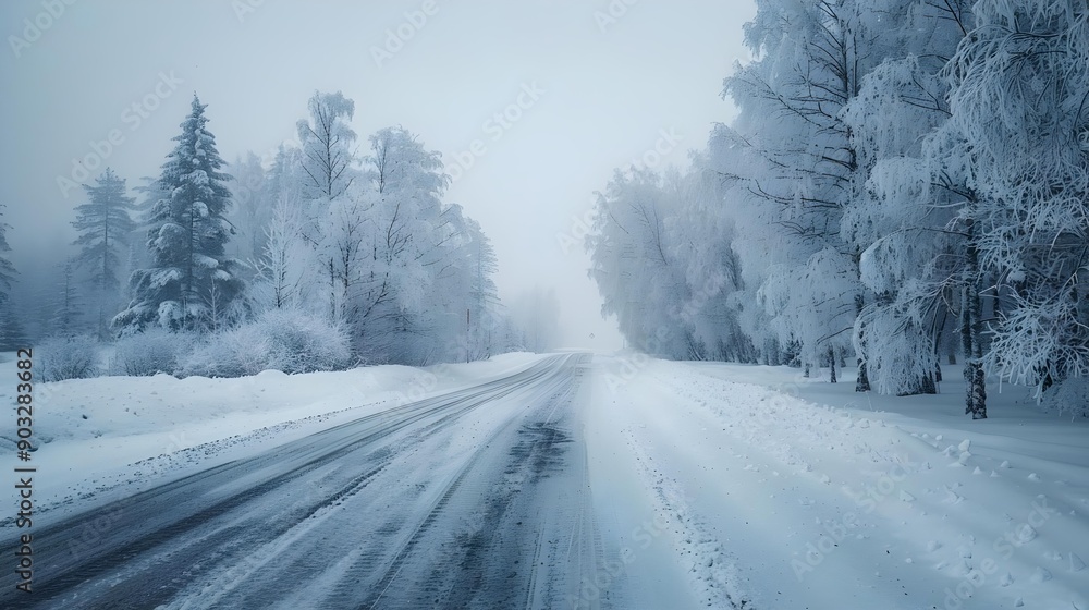Winter road and trees covered with snow Winter road and trees covered with snow