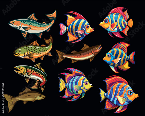 Set Discus fish in continuous color art drawing style.  isolated on Black background Vector illustration