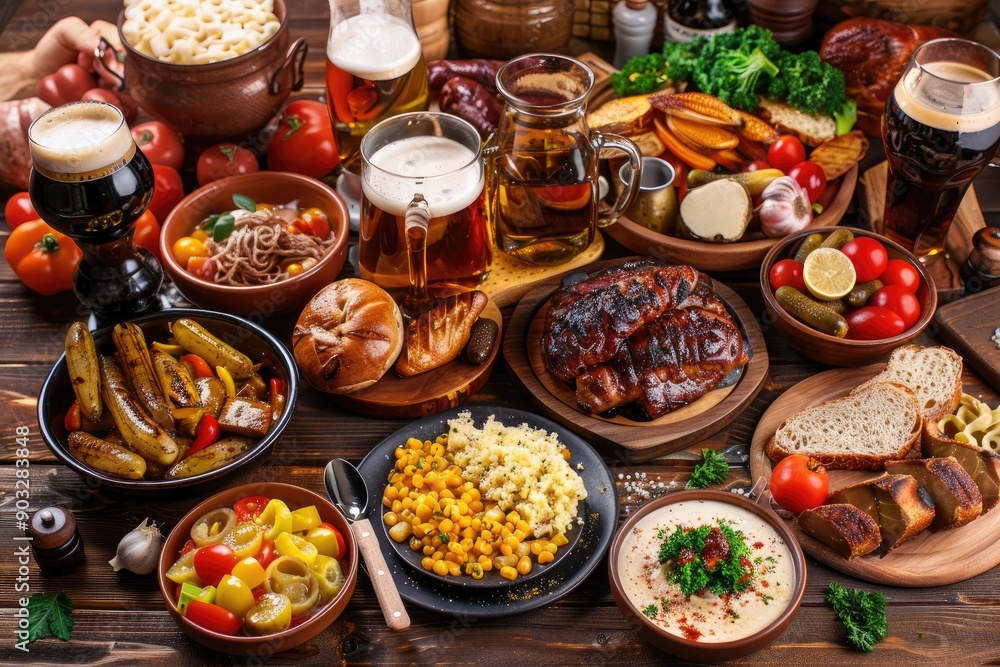 A table full of food and drinks, including a variety of meats, vegetables, and bread. Scene is festive and inviting, as it seems like a gathering of friends or family enjoying a meal together A table full of food and drinks, including a variety of meats, vegetables, and bread. Scene is festive and inviting, as it seems like a gathering of friends or family enjoying a meal together