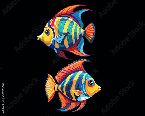 Discus fish in continuous color art drawing style.  isolated on Black background Vector illustration