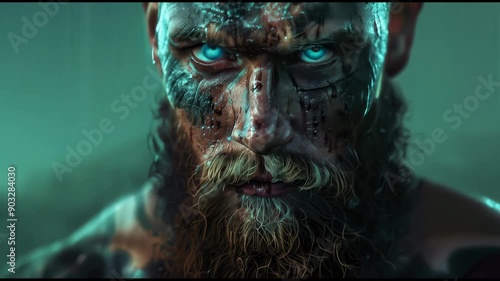 Close-up of a rugged warrior Viking with piercing blue eyes
